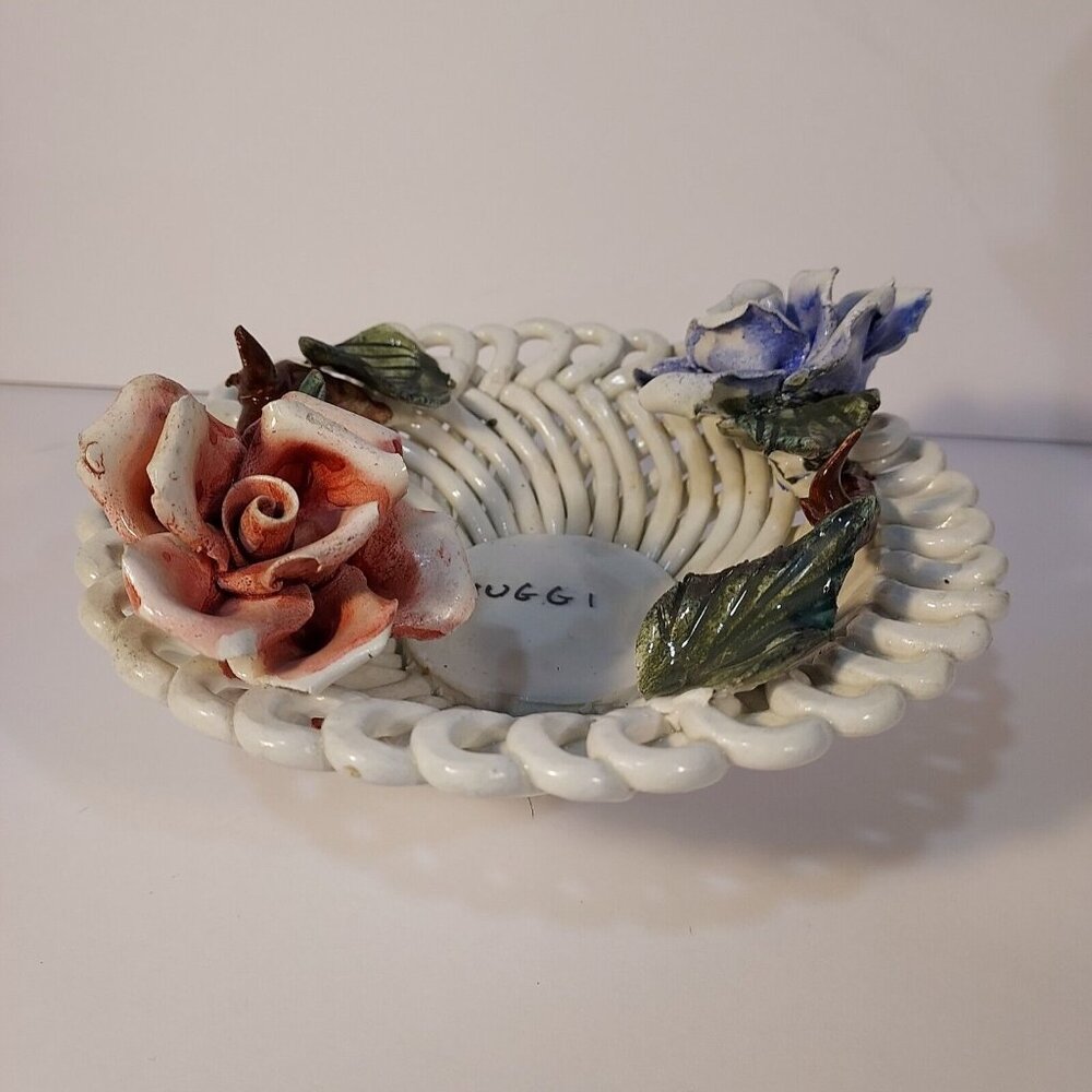 Vintage Italian Handmade Woven Lattice Basket Bowl RED WHITE & BLUE ROSES - Picture 7 of 16